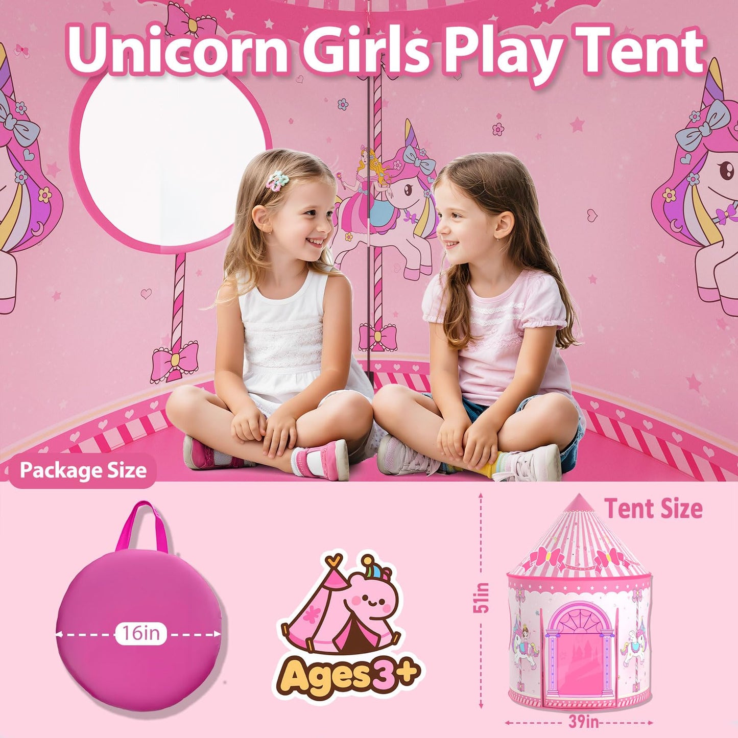 Celontry Girls Princess Play Tent - Pink Pop-Up Castle Playhouse for Kids (Indoor & Outdoor)