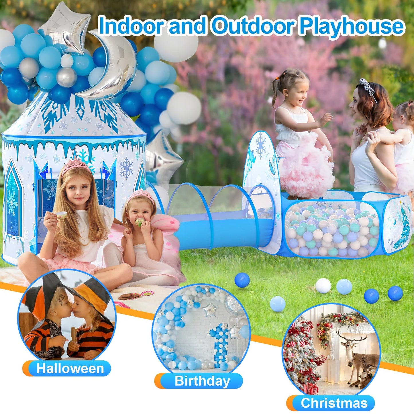 Celontry 3-in-1 Frozen Play Tent for Girls – Pop-Up Playhouse, Ball Pit & Tunnel