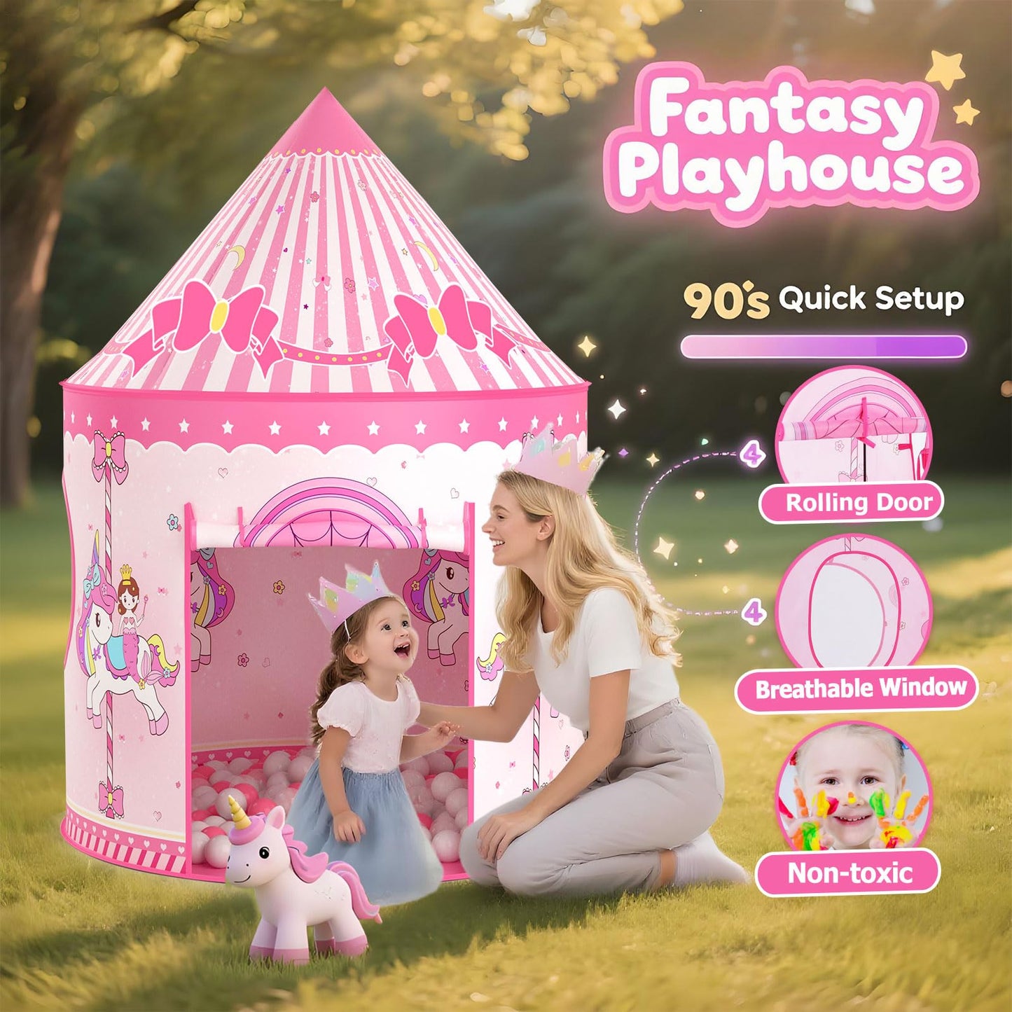 Celontry Girls Princess Play Tent - Pink Pop-Up Castle Playhouse for Kids (Indoor & Outdoor)