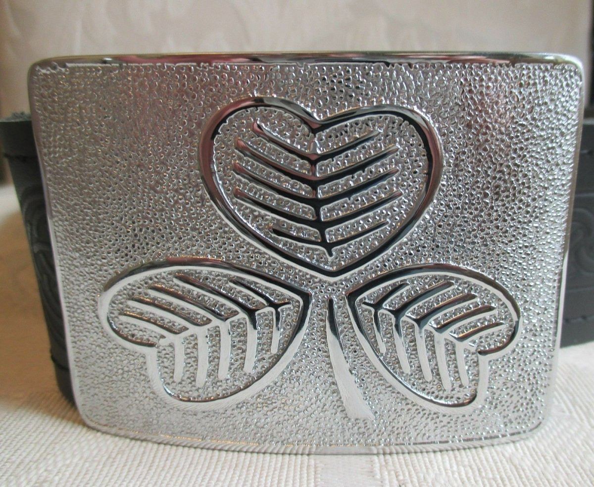 Celtic Embossed Black Leather Belt & Irish Shamrock Buckle Kilt