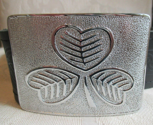 Celtic Embossed Black Leather Belt & Irish Shamrock Buckle Kilt