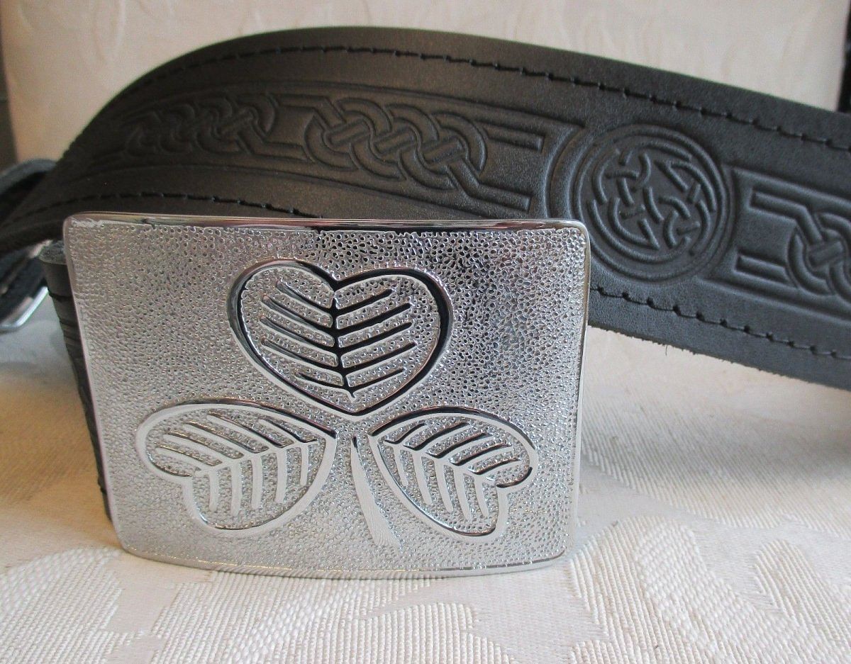 Celtic Embossed Black Leather Belt & Irish Shamrock Buckle Kilt