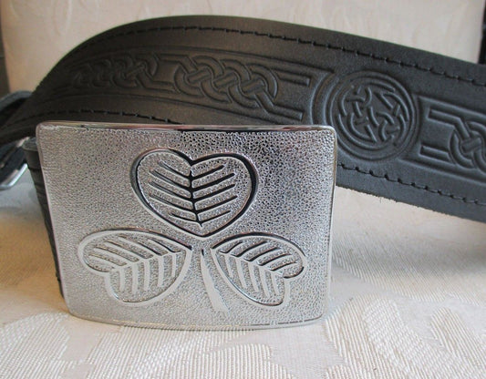 Celtic Embossed Black Leather Belt & Irish Shamrock Buckle Kilt