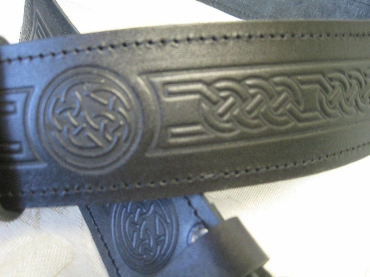 Celtic Embossed Black Leather Belt & Irish Shamrock Buckle Kilt