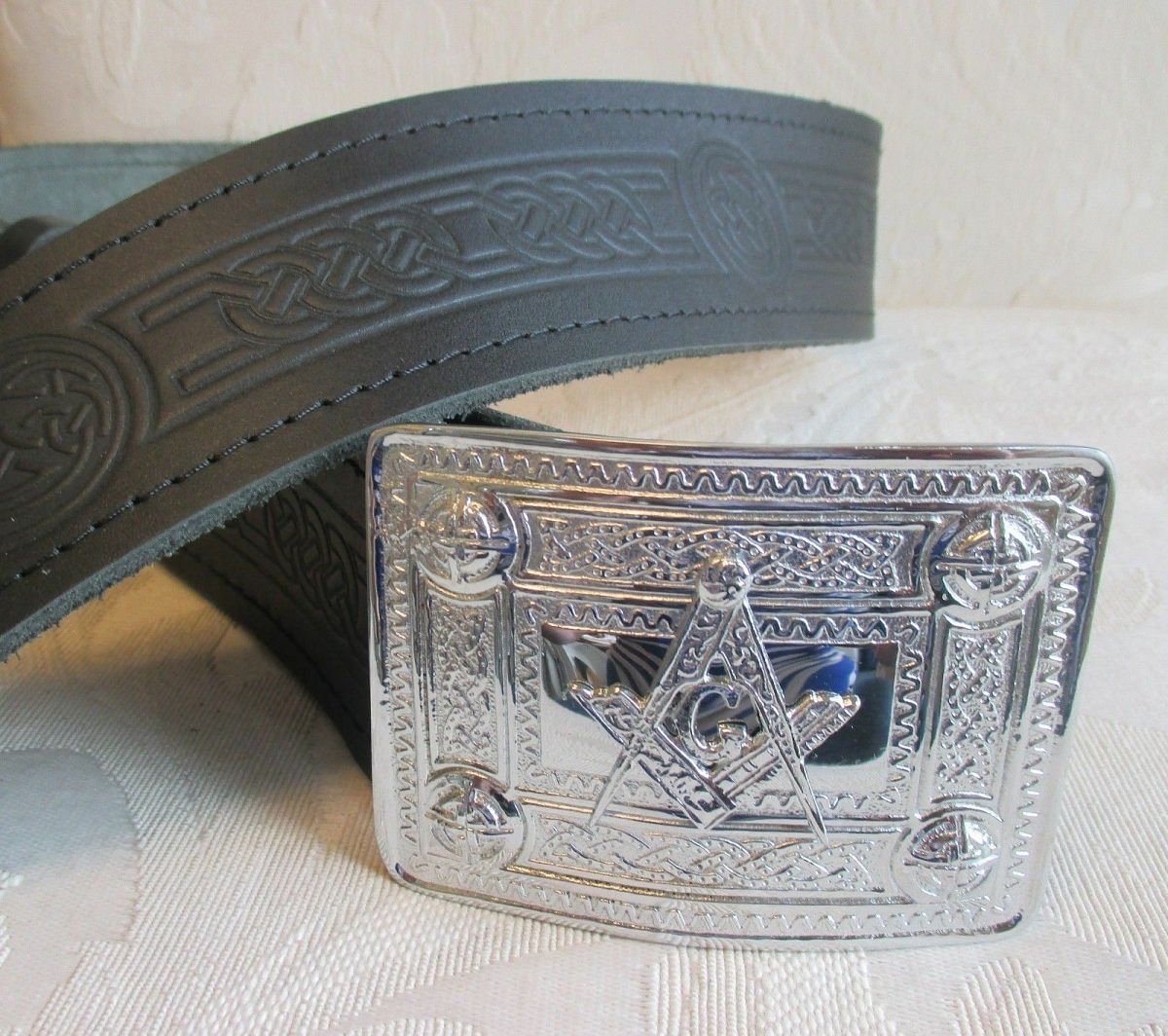 Celtic Embossed Black Leather Belt & Masonic Buckle * Scottish Men's Kilt