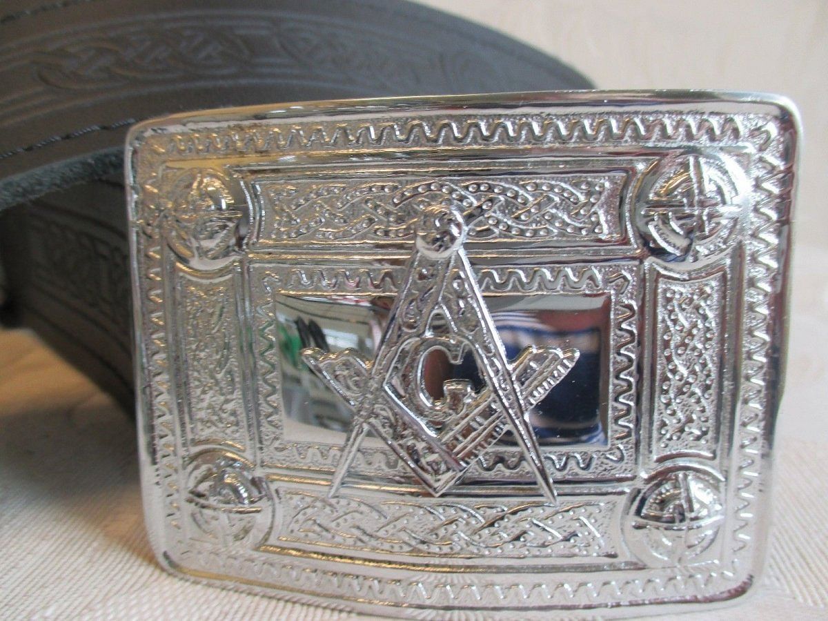 Celtic Embossed Black Leather Belt & Masonic Buckle * Scottish Men's Kilt