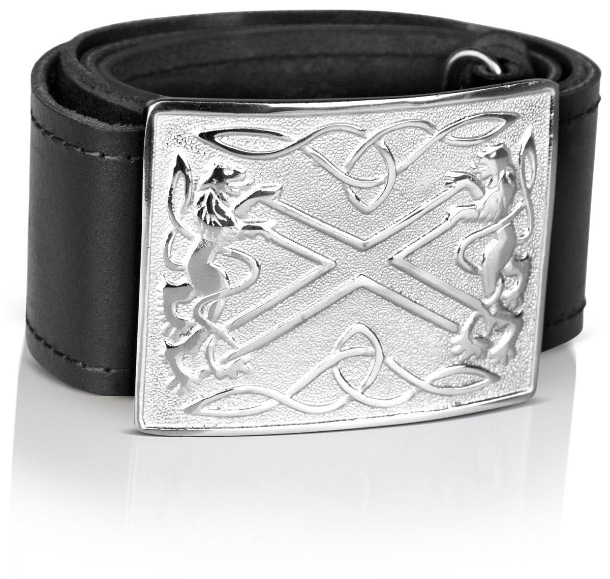 Celtic Embossed Black Leather Belt & Saltier Rampant Lion Scottish Buckle