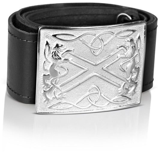 Celtic Embossed Black Leather Belt & Saltier Rampant Lion Scottish Buckle