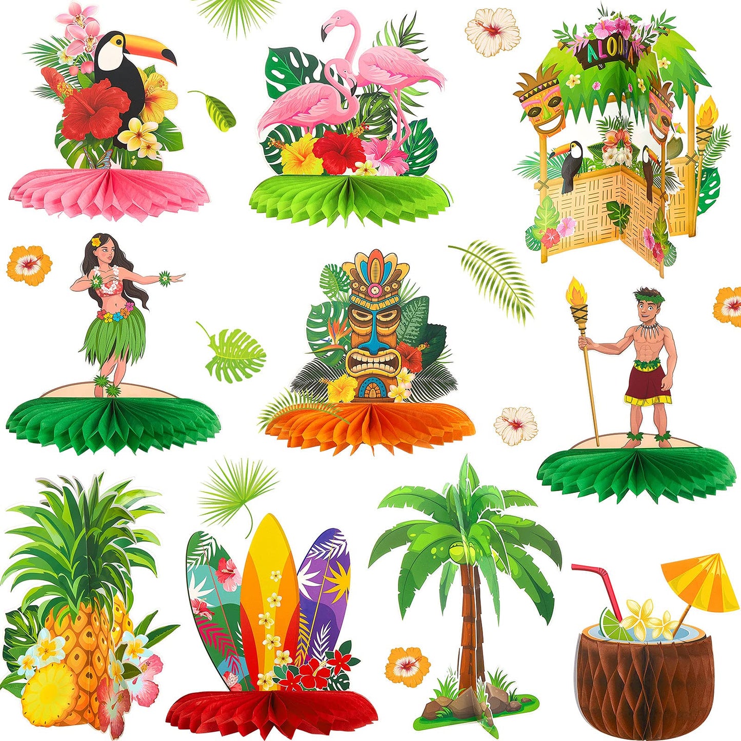 Censen 10 Pcs Hawaiian Luau Party Decorations | Tiki Honeycomb Centerpieces & Tropical Cards
