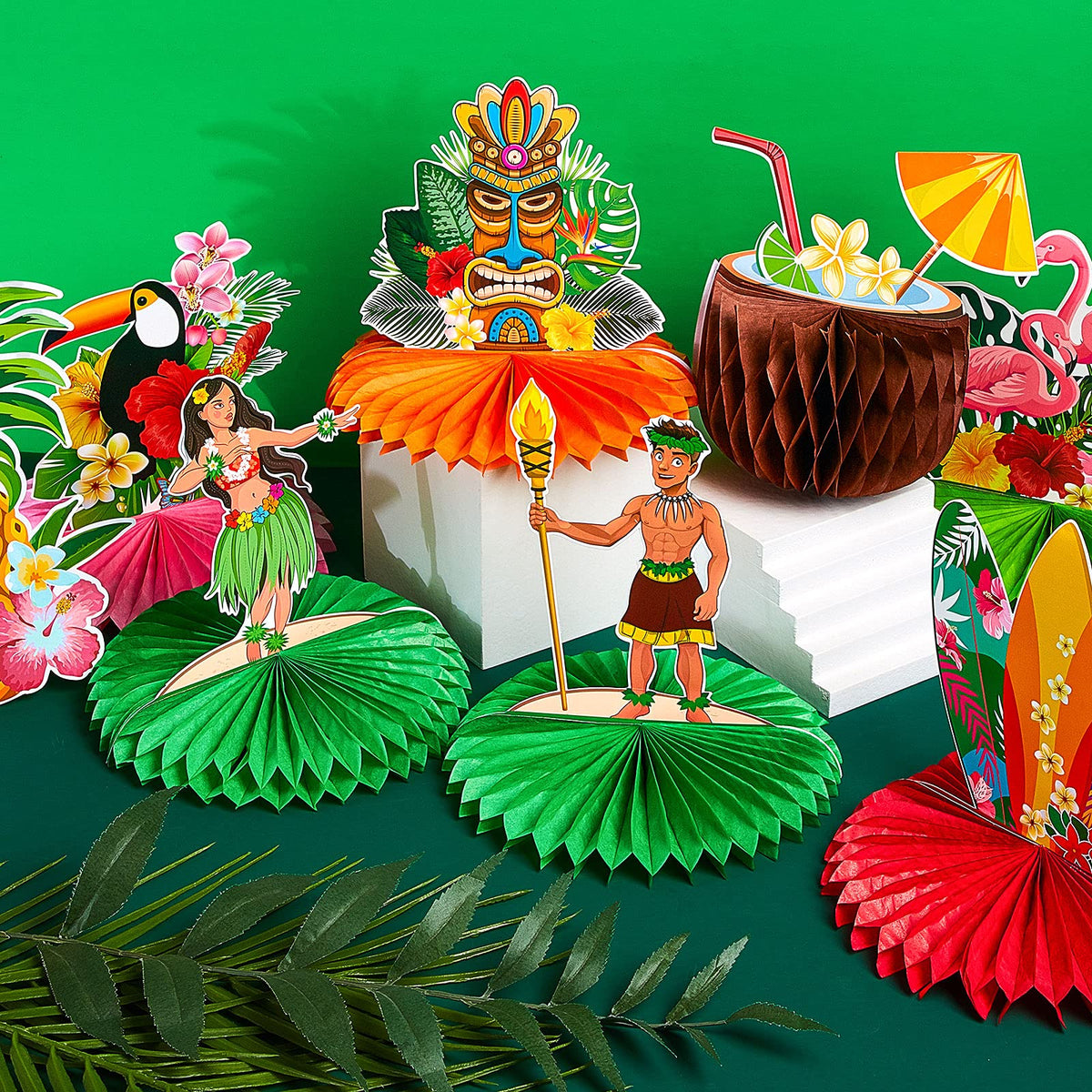 Censen 10 Pcs Hawaiian Luau Party Decorations | Tiki Honeycomb Centerpieces & Tropical Cards