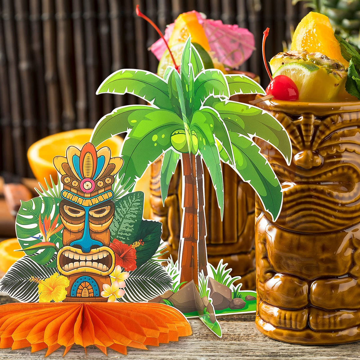 Censen 10 Pcs Hawaiian Luau Party Decorations | Tiki Honeycomb Centerpieces & Tropical Cards