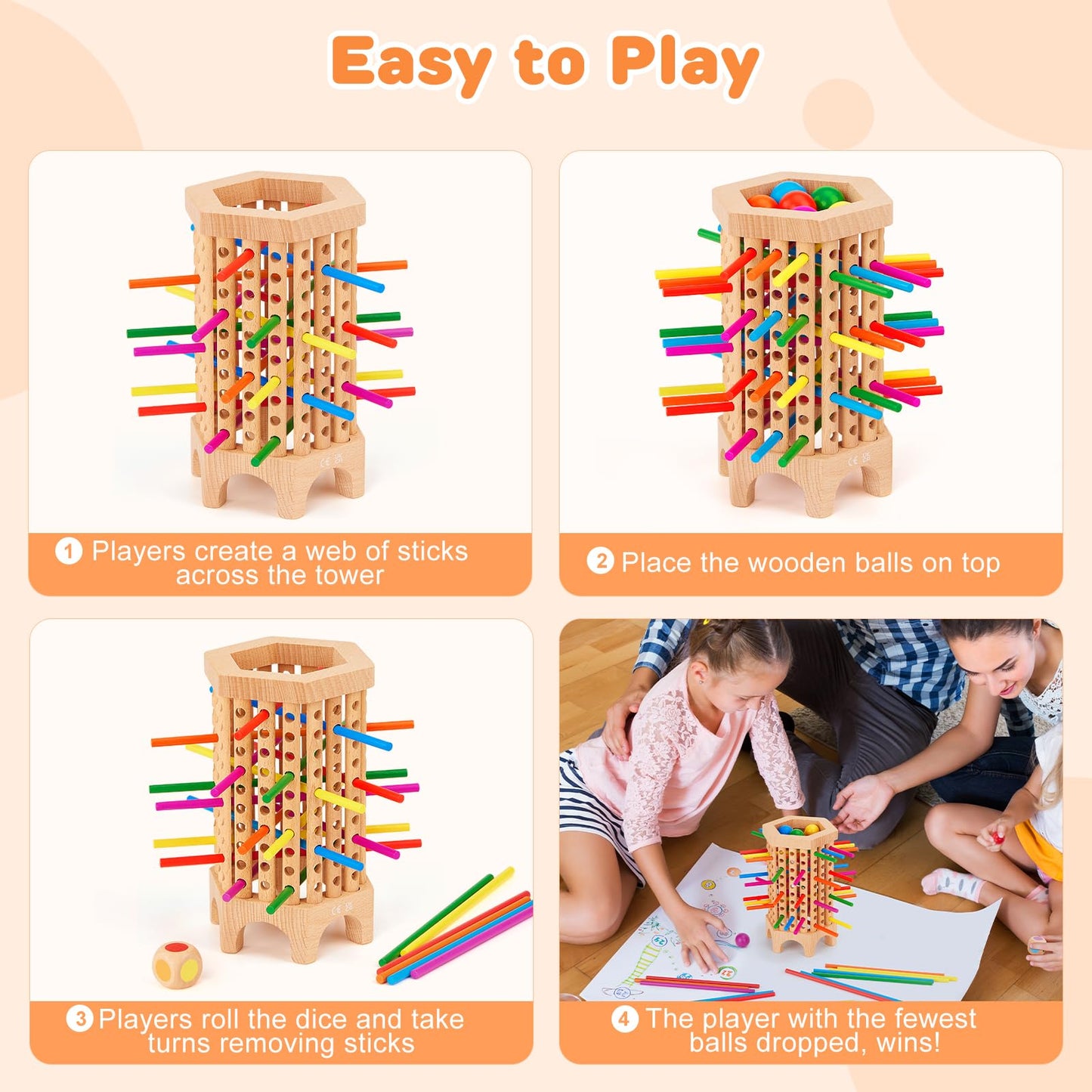 Centtechi Montessori Wooden Board Game – 36 Sticks & 6 Balls for Kids 3-8
