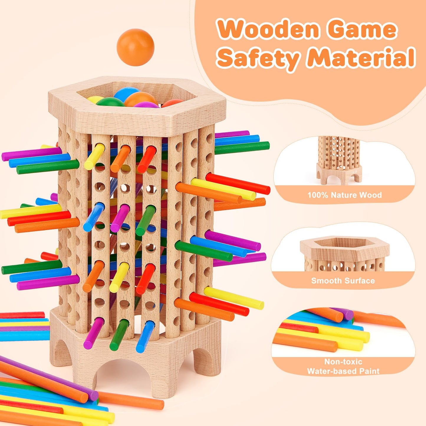 Centtechi Montessori Wooden Board Game – 36 Sticks & 6 Balls for Kids 3-8