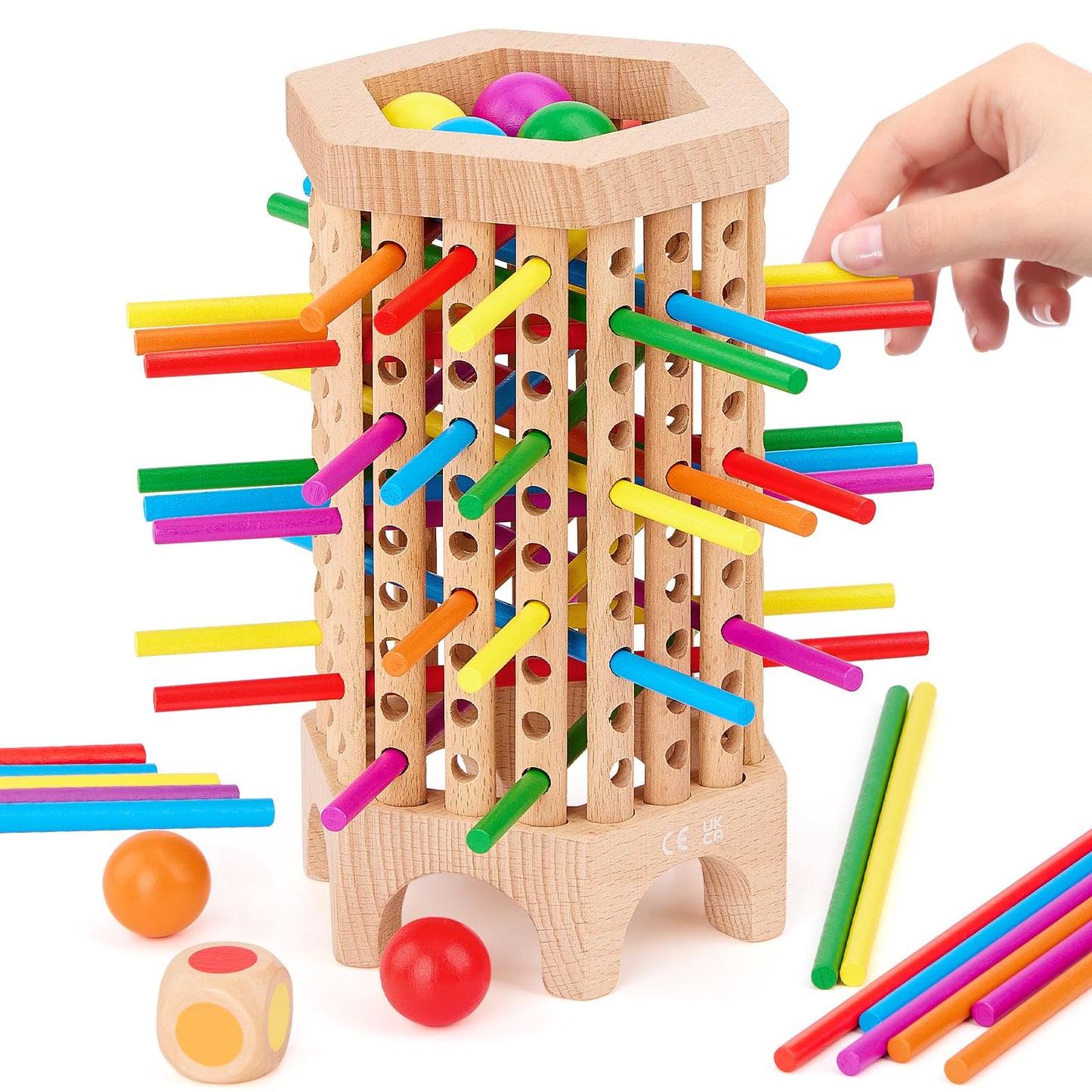 Centtechi Montessori Wooden Board Game – 36 Sticks & 6 Balls for Kids 3-8