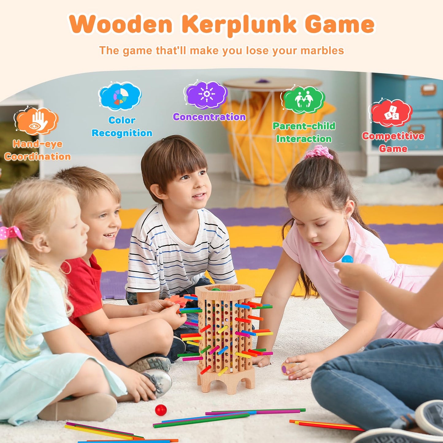 Centtechi Montessori Wooden Board Game – 36 Sticks & 6 Balls for Kids 3-8