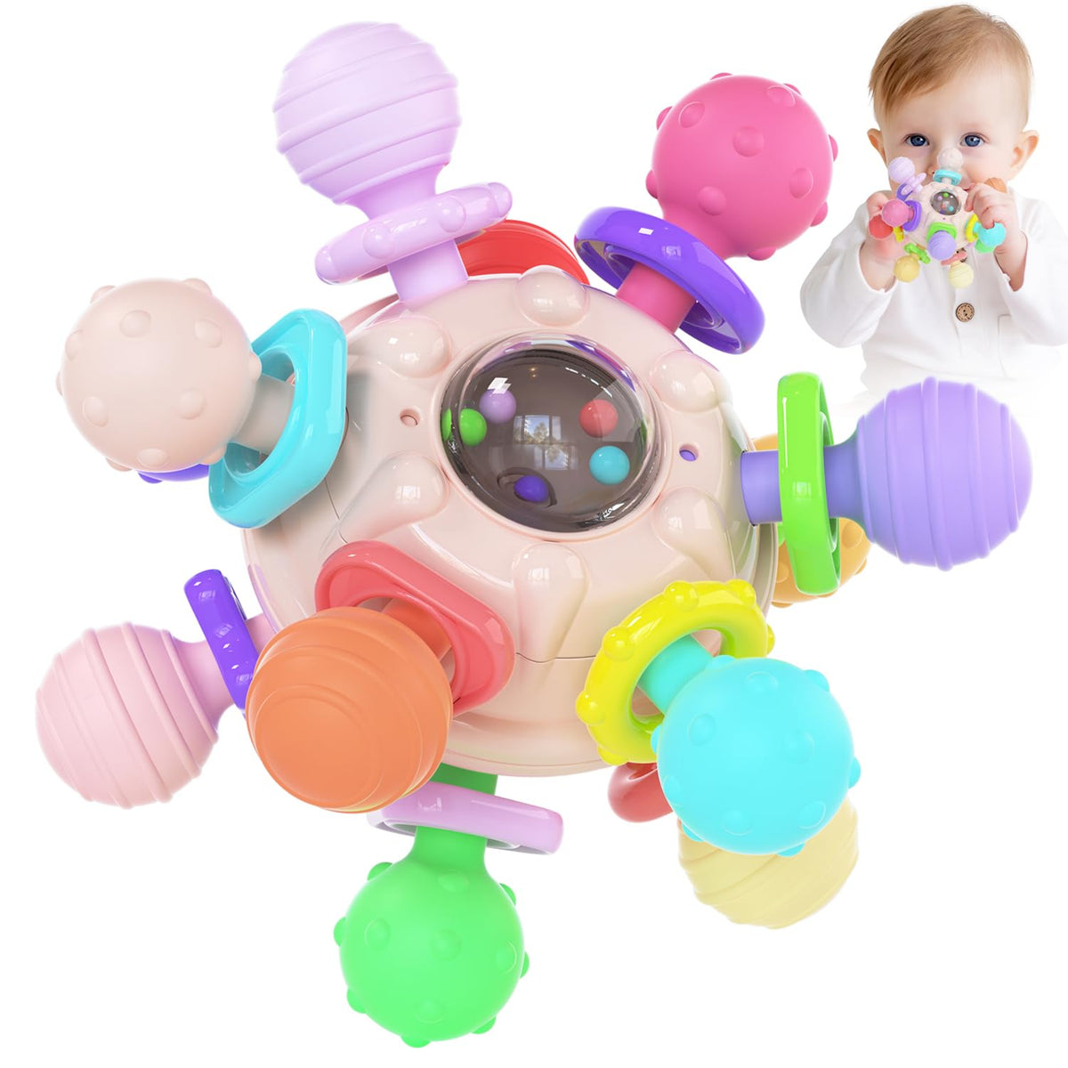 Cerberus Silicone Baby Teether – Montessori Sensory Toy for 0-12 Months (Pink & Multicolor)