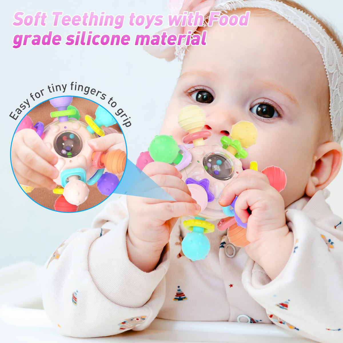 Cerberus Silicone Baby Teether – Montessori Sensory Toy for 0-12 Months (Pink & Multicolor)
