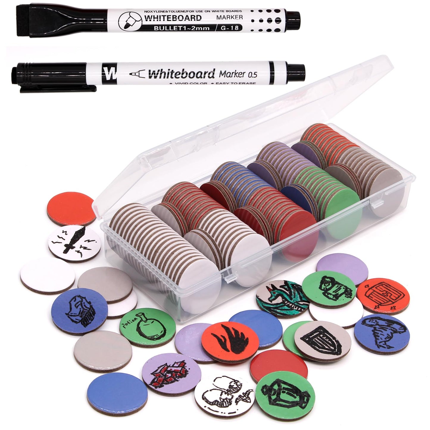 Certihiamken Dry Erase Tokens (100) – Colorful 1-Inch Counters with 2 Pens for DND, MTG & RPGs