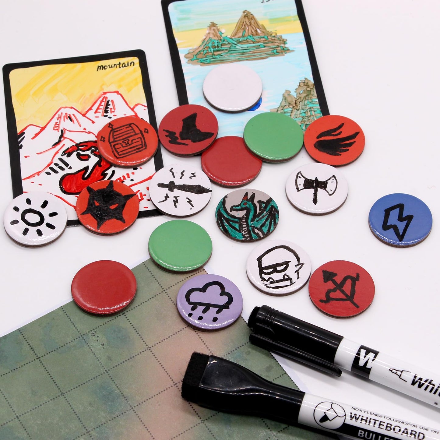 Certihiamken Dry Erase Tokens (100) – Colorful 1-Inch Counters with 2 Pens for DND, MTG & RPGs