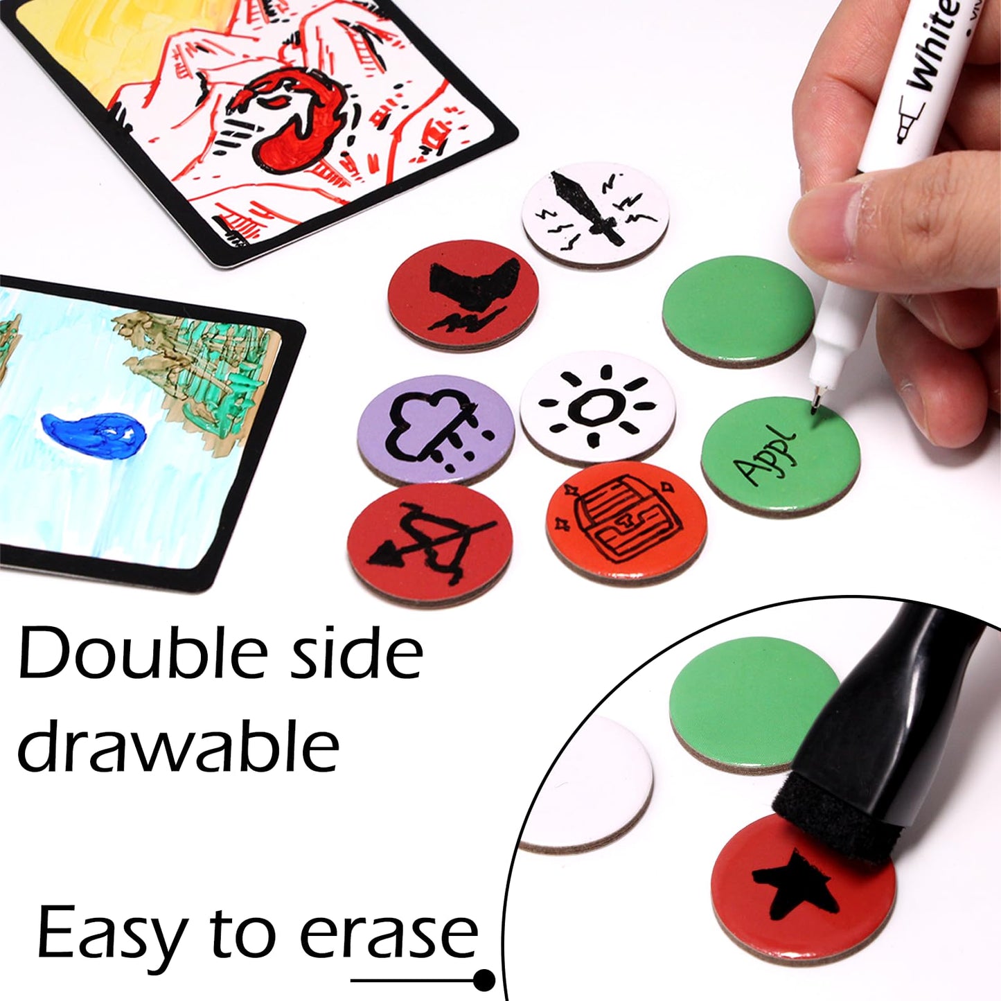 Certihiamken Dry Erase Tokens (100) – Colorful 1-Inch Counters with 2 Pens for DND, MTG & RPGs