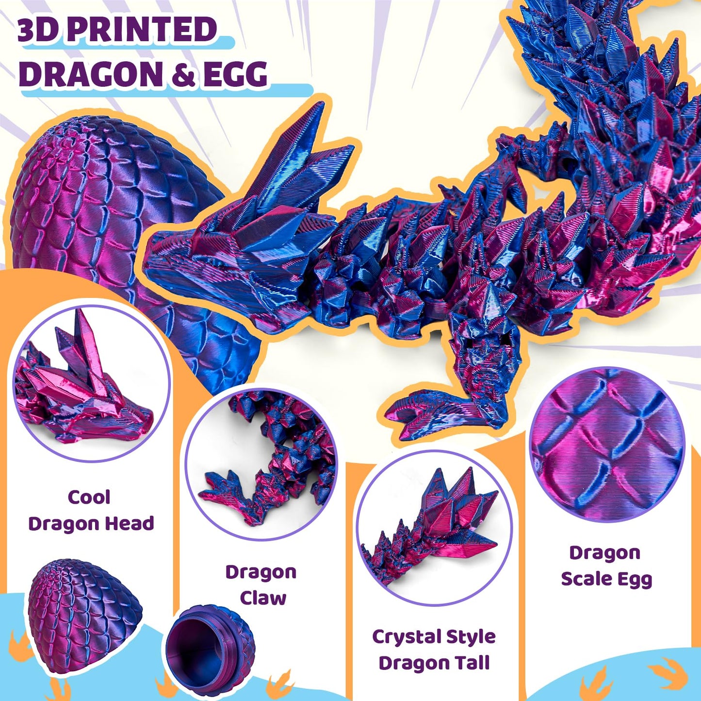 Cessfle 12-inch Prefilled Easter Dragon Eggs with 3D-Printed Dragons Inside | Articulated Crystal Fidget Toy