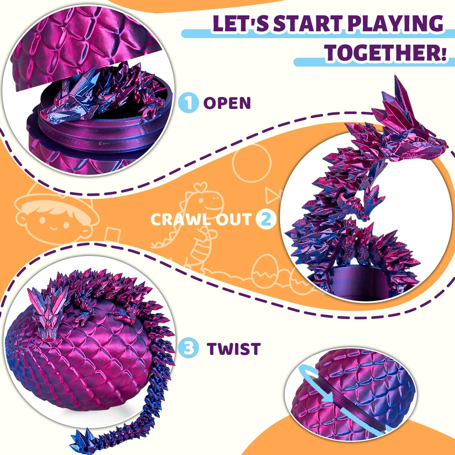 Cessfle 12-inch Prefilled Easter Dragon Eggs with 3D-Printed Dragons Inside | Articulated Crystal Fidget Toy