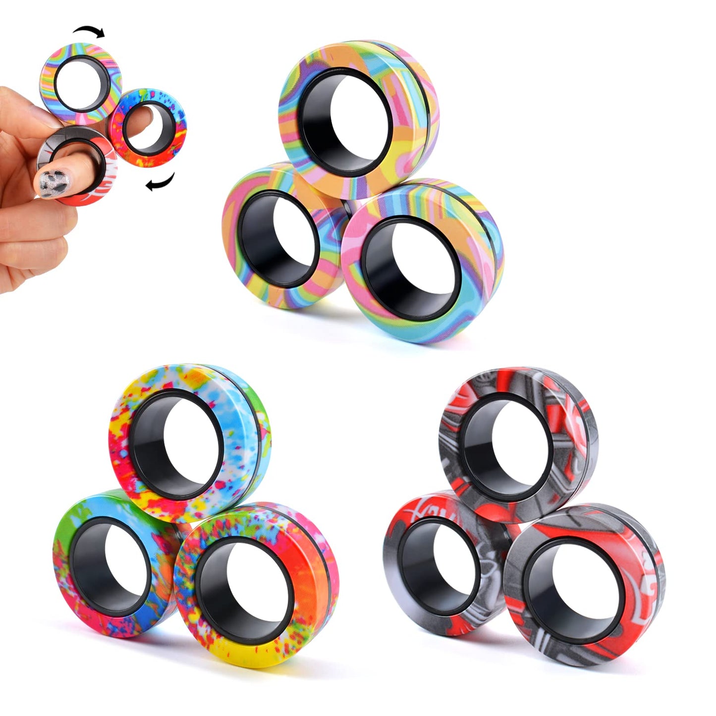 Cevioce 9Pcs Magnetic Rings Fidget Toy Set – ADHD & Anxiety Relief, Portable Spin Rings, Valentines Gift