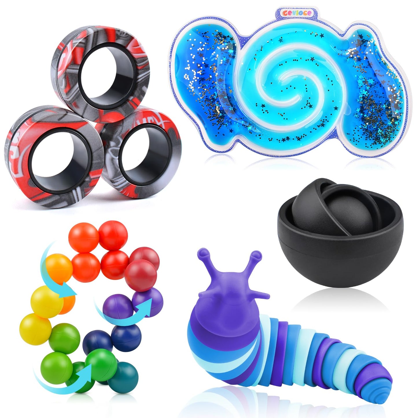 Cevioce 5-Pcs Fidget Toy Set – Sensory Toys for ADHD/Autism, Spinner, Slug, Magnetic Rings, Squishy Ball
