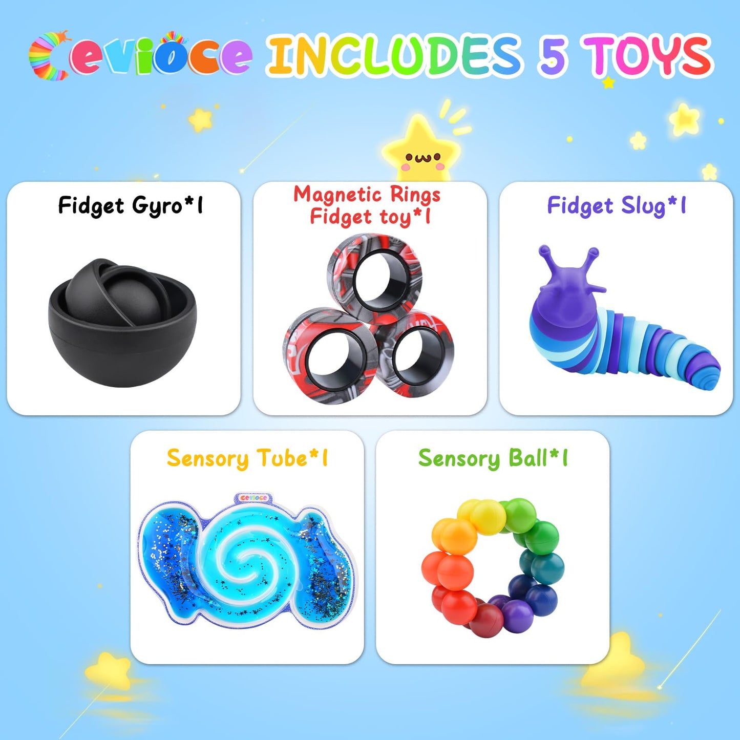 Cevioce 5-Pcs Fidget Toy Set – Sensory Toys for ADHD/Autism, Spinner, Slug, Magnetic Rings, Squishy Ball