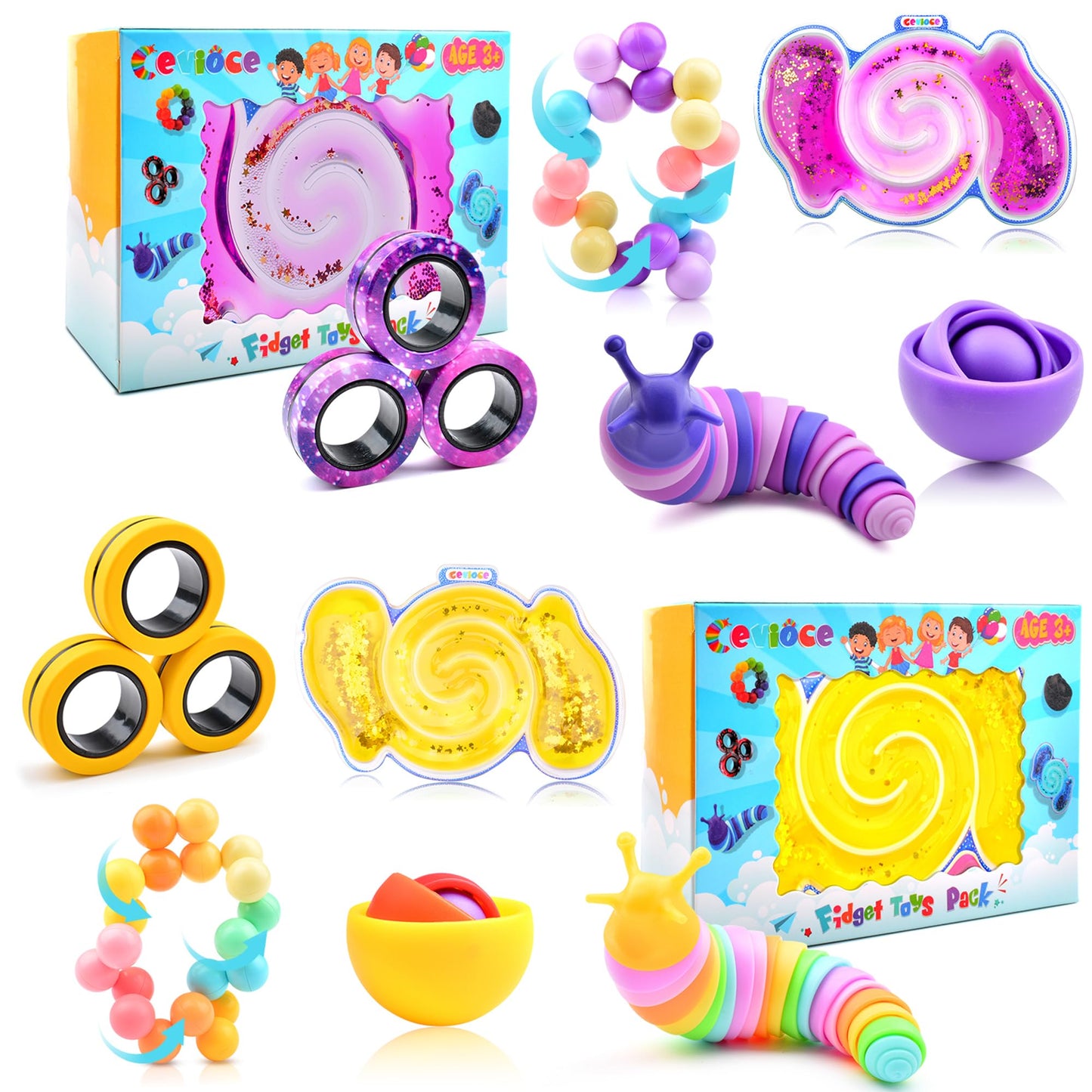 Cevioce 10Pcs Fidget Toys Pack – Sensory ADHD Stress Relief for Kids & Adults | Gyro, Slug, Magnetic Rings, Sensory Tube, Ball