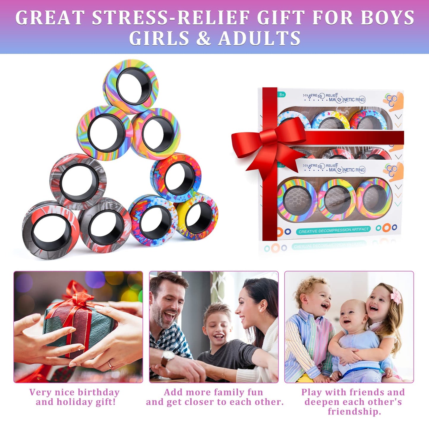 Cevioce 9Pcs Magnetic Rings Fidget Toy Set – ADHD & Anxiety Relief, Portable Spin Rings, Valentines Gift