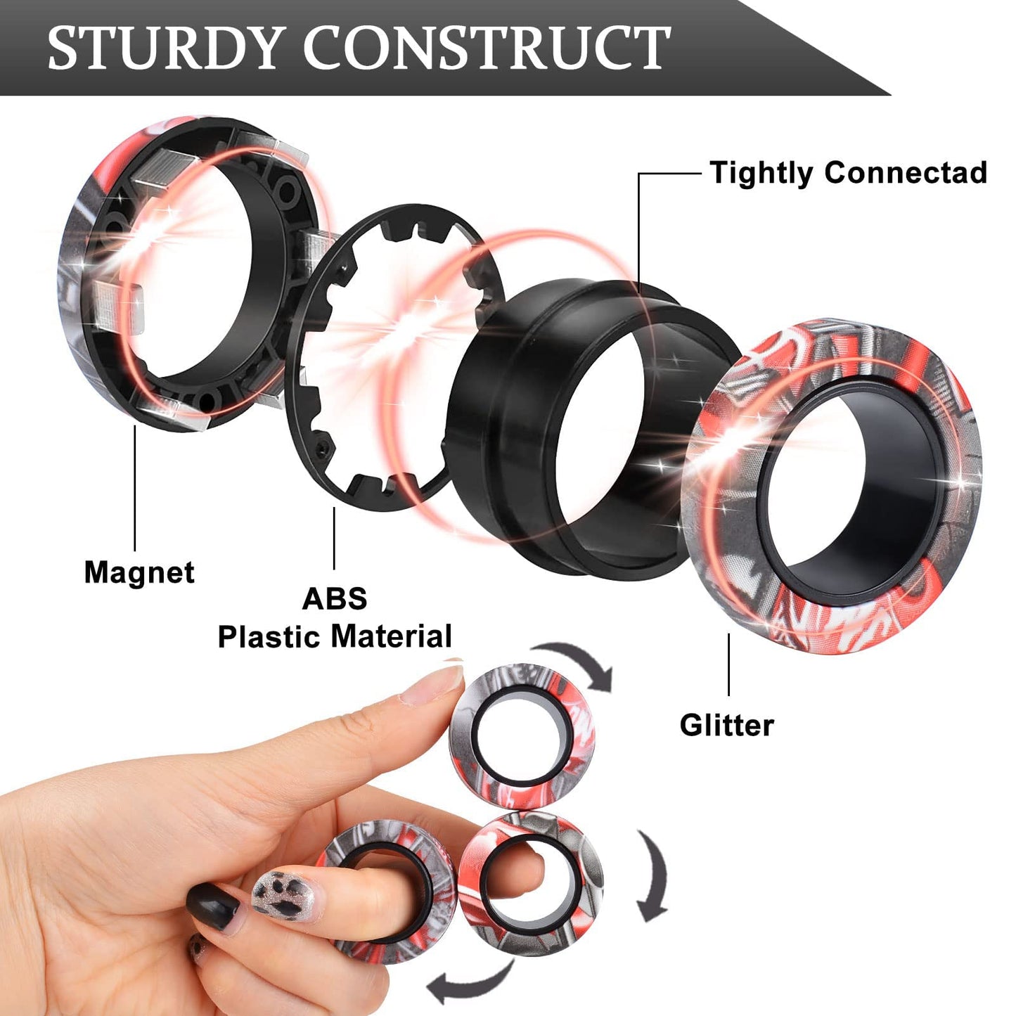 CEVIOCE 3Pcs Magnetic Rings Fidget Toy Set – Portable Focus Aid, Stress Relief, Gift Idea for 8+