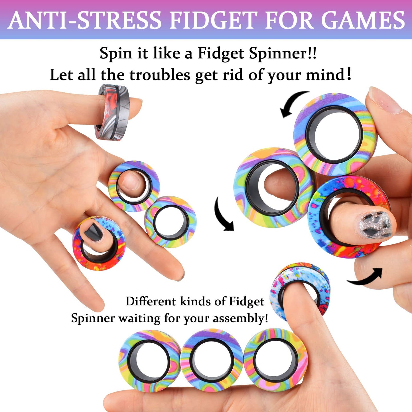 Cevioce 9Pcs Magnetic Rings Fidget Toy Set – ADHD & Anxiety Relief, Portable Spin Rings, Valentines Gift