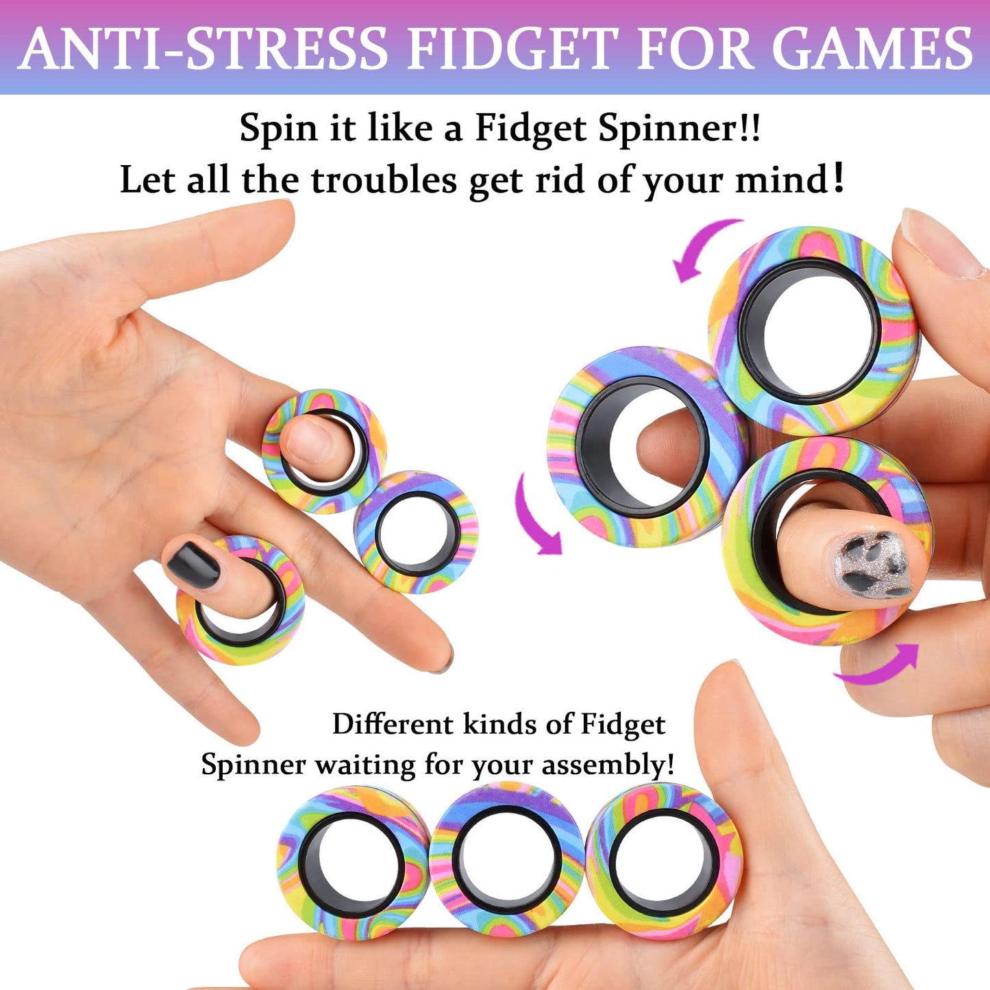 Cevioce 9Pcs Magnetic Rings Fidget Set – Portable Anti-Stress Rings for ADHD & Teens | Gift Pack