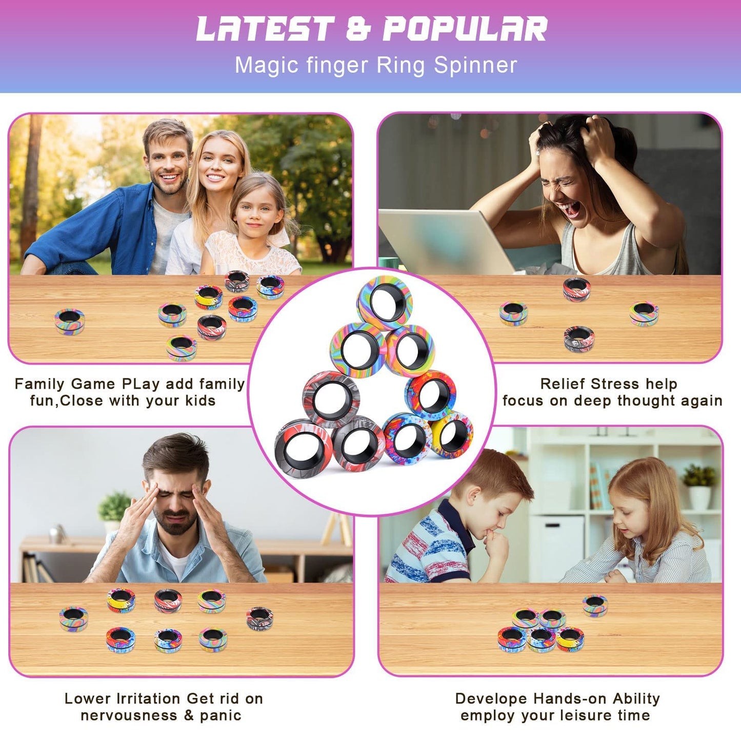 Cevioce 9Pcs Magnetic Rings Fidget Toy Set – ADHD & Anxiety Relief, Portable Spin Rings, Valentines Gift