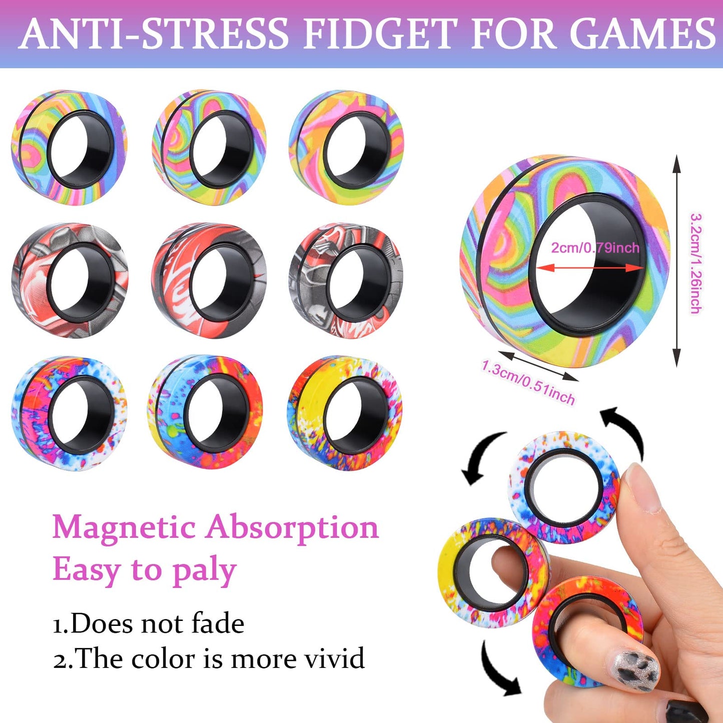 Cevioce 9Pcs Magnetic Rings Fidget Toy Set – ADHD & Anxiety Relief, Portable Spin Rings, Valentines Gift