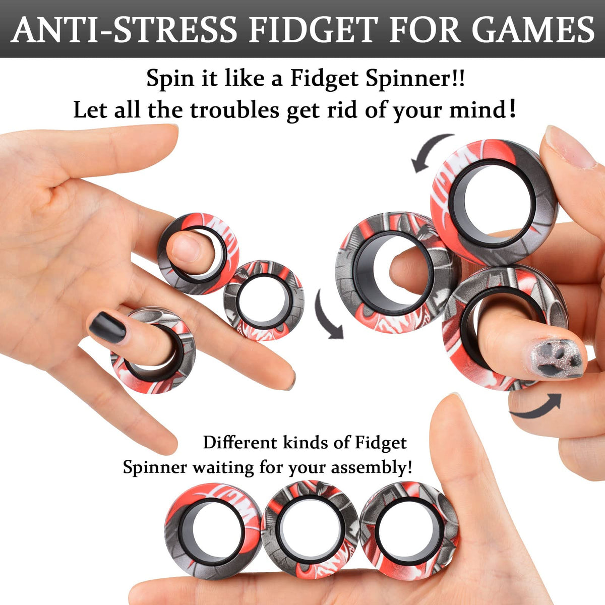 CEVIOCE 3Pcs Magnetic Rings Fidget Toy Set – Portable Focus Aid, Stress Relief, Gift Idea for 8+