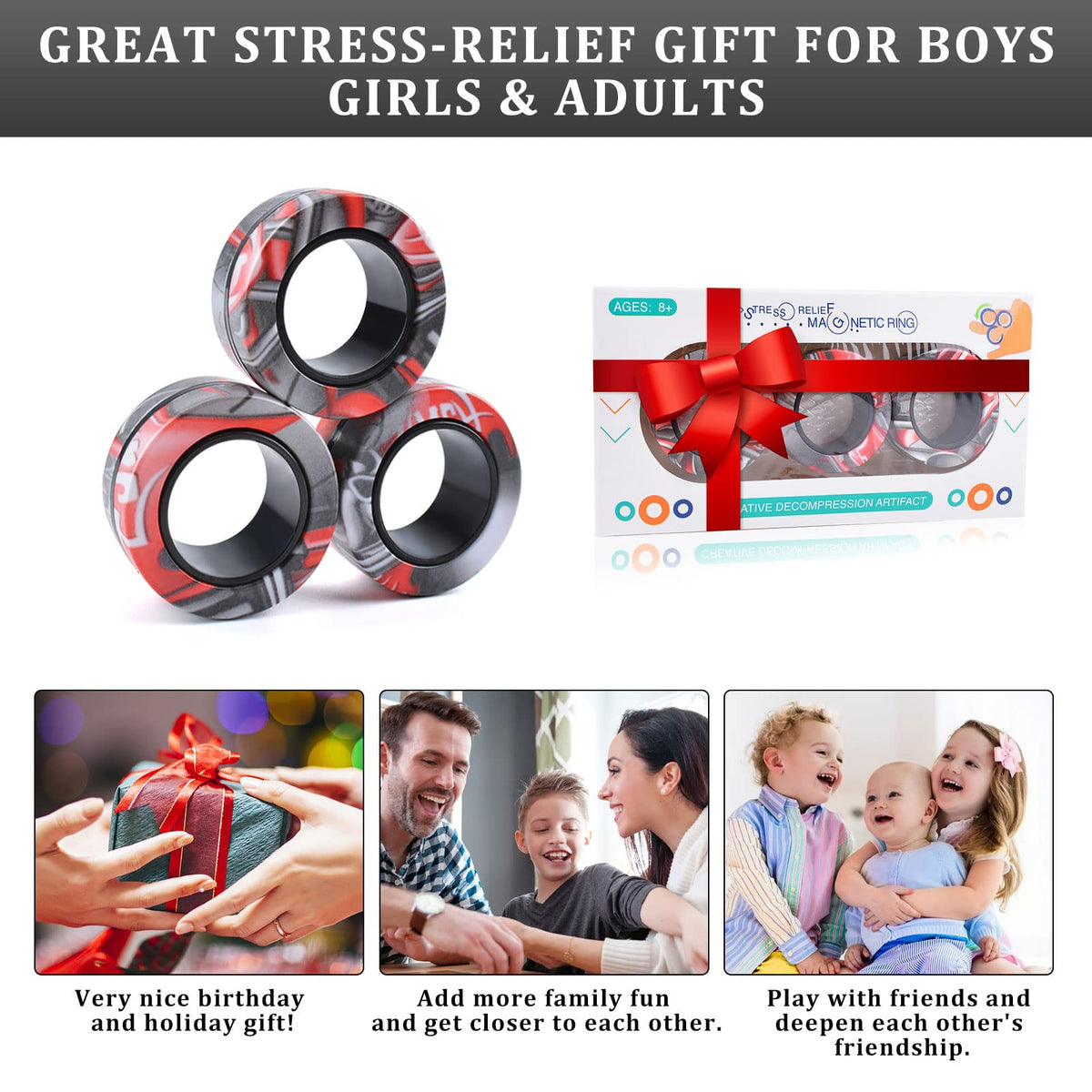 CEVIOCE 3Pcs Magnetic Rings Fidget Toy Set – Portable Focus Aid, Stress Relief, Gift Idea for 8+