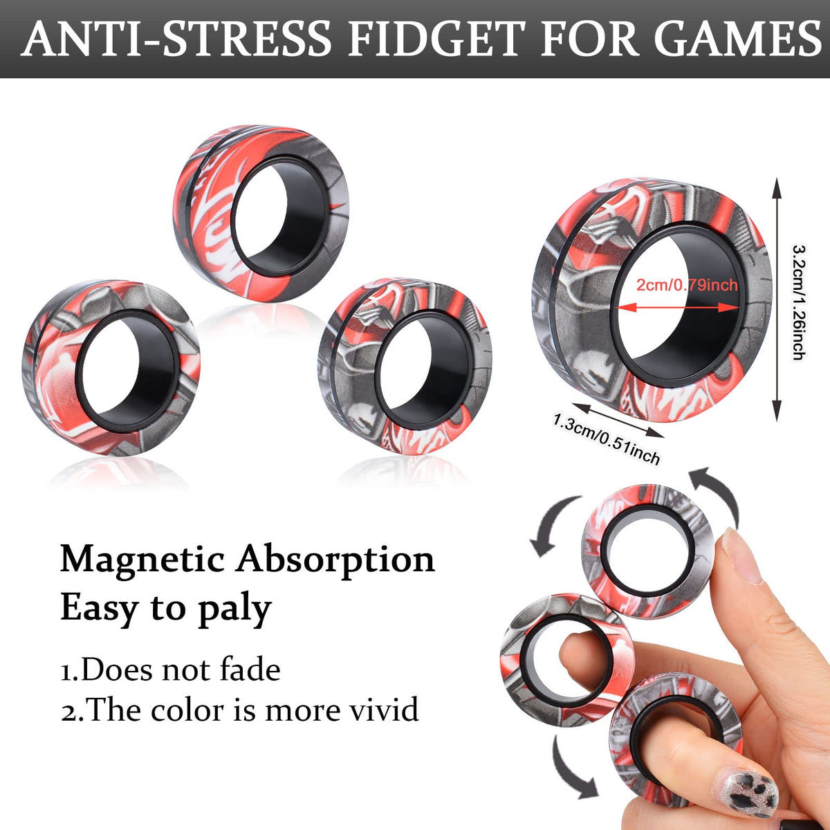 CEVIOCE 3Pcs Magnetic Rings Fidget Toy Set – Portable Focus Aid, Stress Relief, Gift Idea for 8+