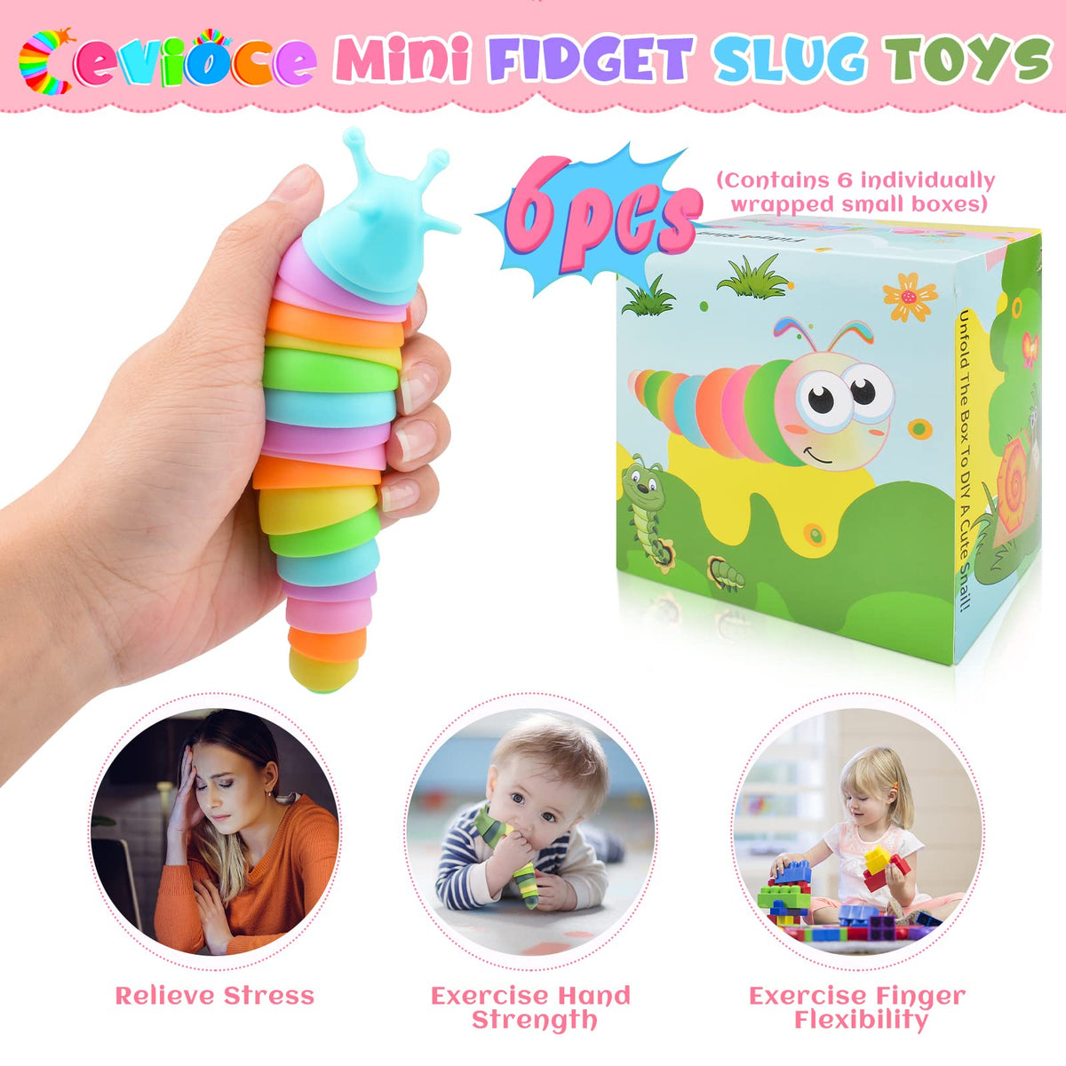 Cevioce Sensory Slug Fidget Toys – 6pc Set for All Ages, 5.8 Inch, Autism-Friendly