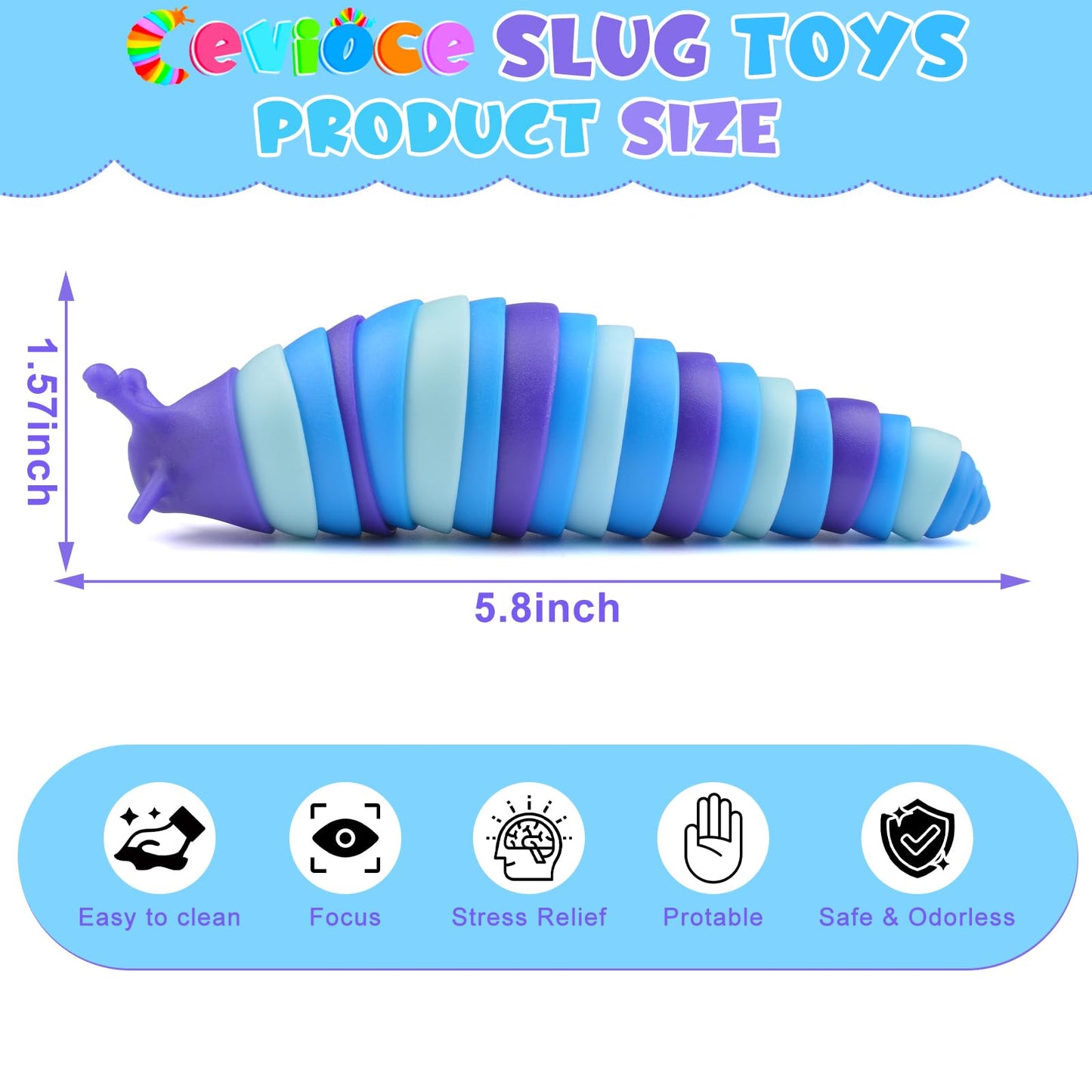 Cevioce Sensory Slug Fidget Toys – 6pc Set for All Ages, 5.8 Inch, Autism-Friendly