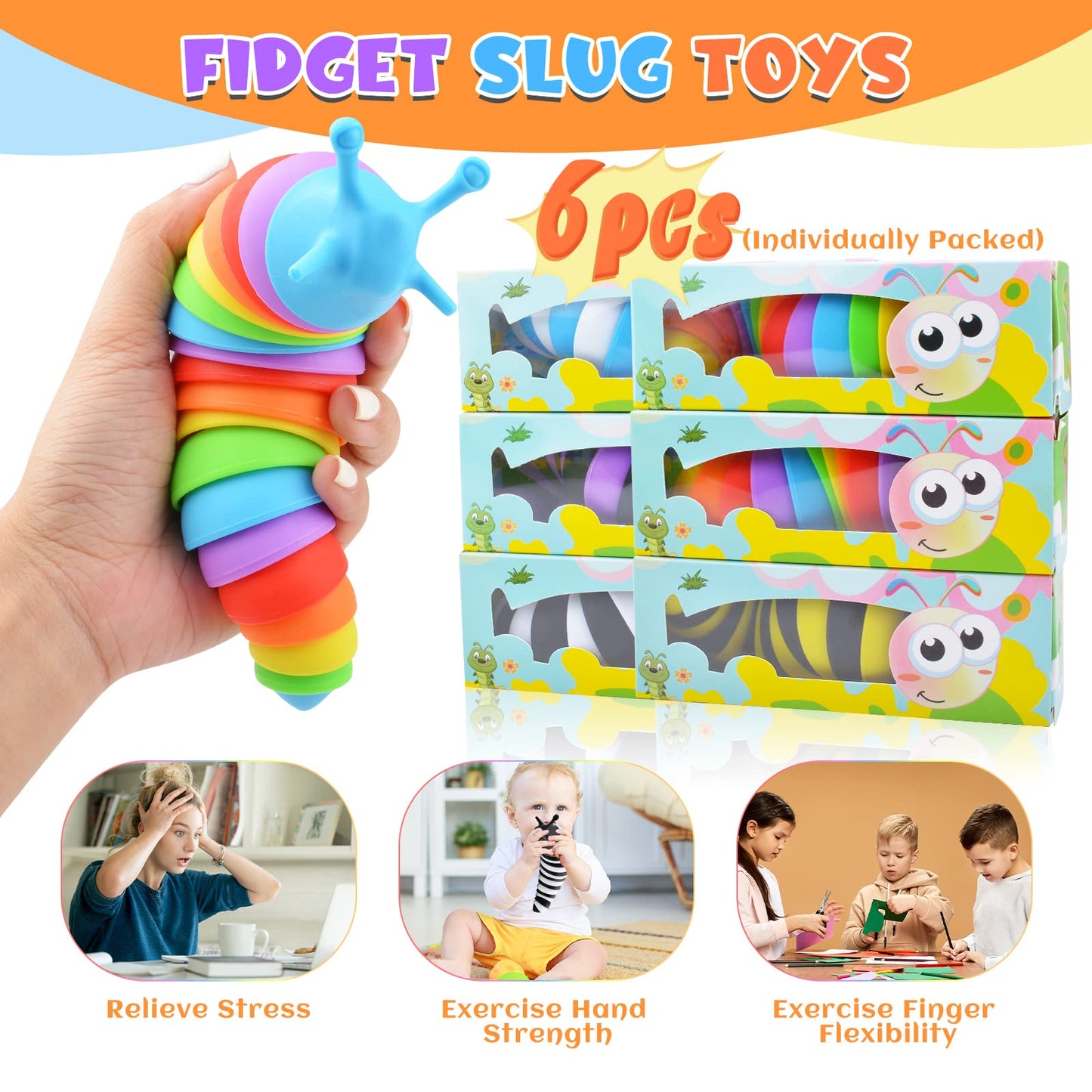 Cevioce Sensory Slug Fidget Toys – 6-Pack for Autism Sensory Play & Party Favors