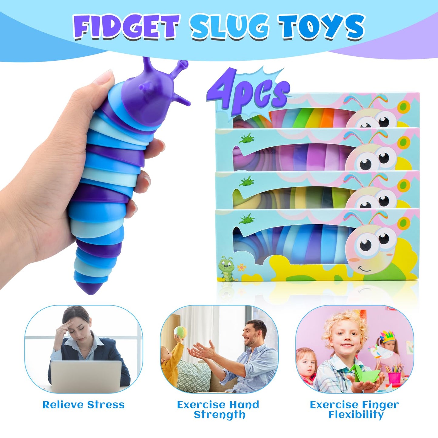 Cevioce Sensory Slug Fidget Toys - 4-Pack for Stress Relief, Focus & Play (Ages 3+)