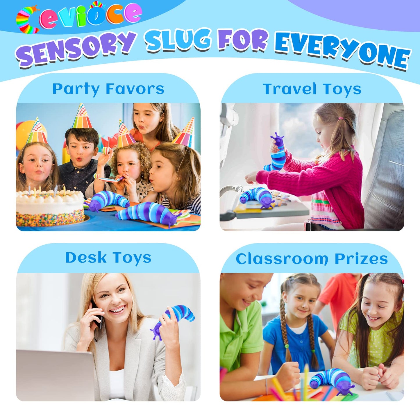 Cevioce Sensory Slug Fidget Toys - 4-Pack for Stress Relief, Focus & Play (Ages 3+)