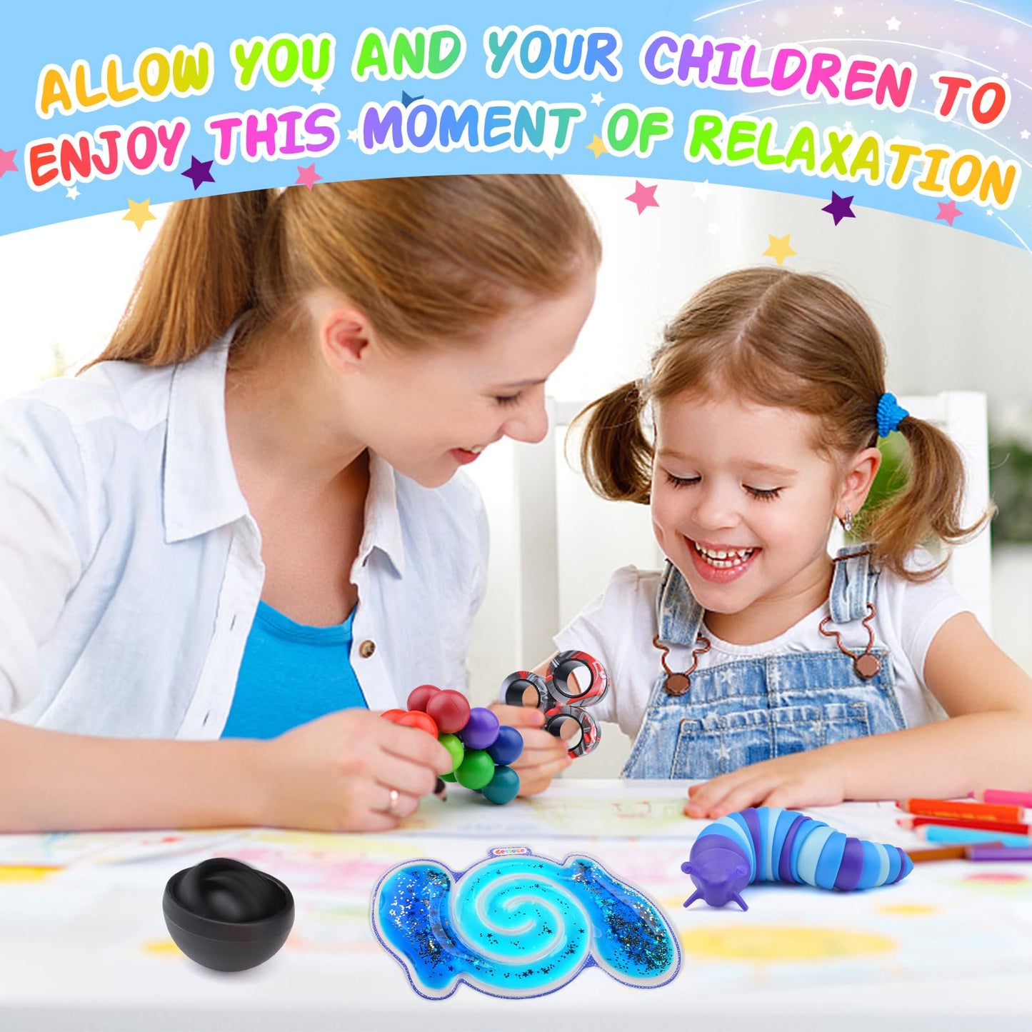 Cevioce 5-Pcs Fidget Toy Set – Sensory Toys for ADHD/Autism, Spinner, Slug, Magnetic Rings, Squishy Ball