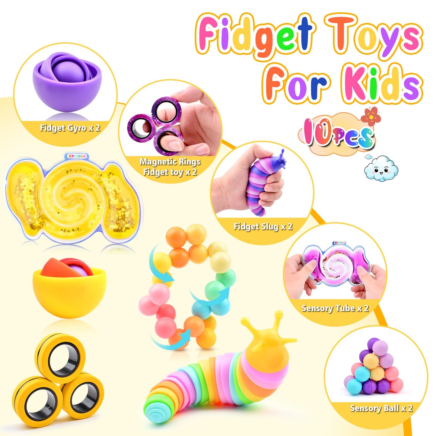 Cevioce 10Pcs Fidget Toys Pack – Sensory ADHD Stress Relief for Kids & Adults | Gyro, Slug, Magnetic Rings, Sensory Tube, Ball