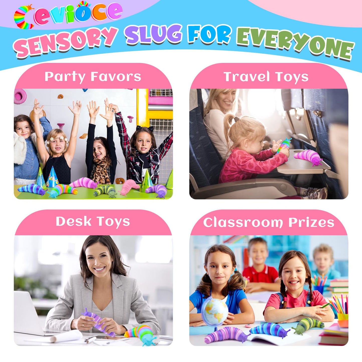 Cevioce 6 Sensory Slug Fidget Toys – Stress Relief, Hand Exercise, Party Favors (Blue)