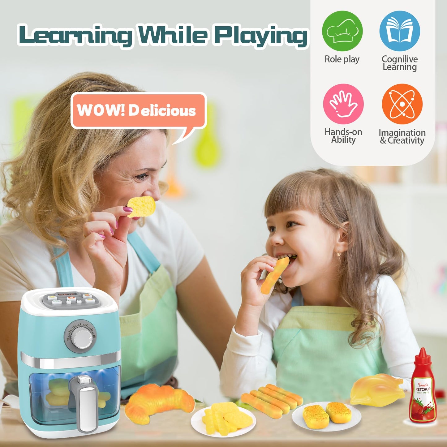 Cewuky Toy Air Fryer Playset for Kids – Color-Changing Food, Sound & Light