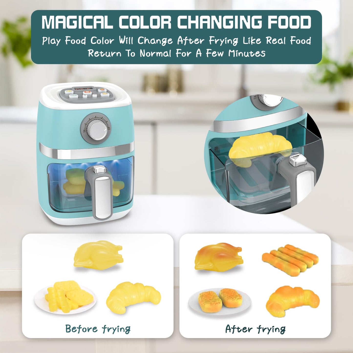 Cewuky Toy Air Fryer Playset for Kids – Color-Changing Food, Sound & Light
