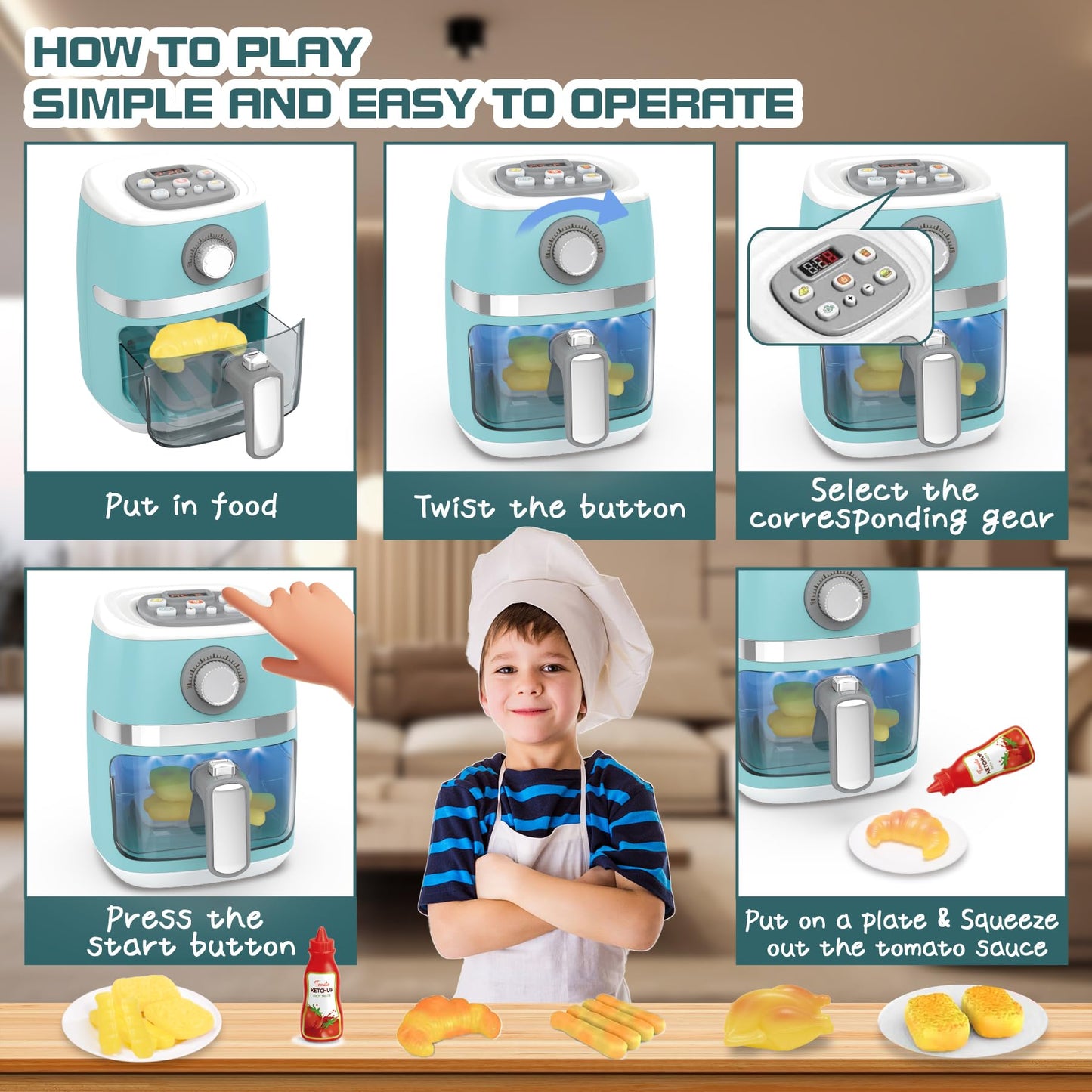 Cewuky Toy Air Fryer Playset for Kids – Color-Changing Food, Sound & Light
